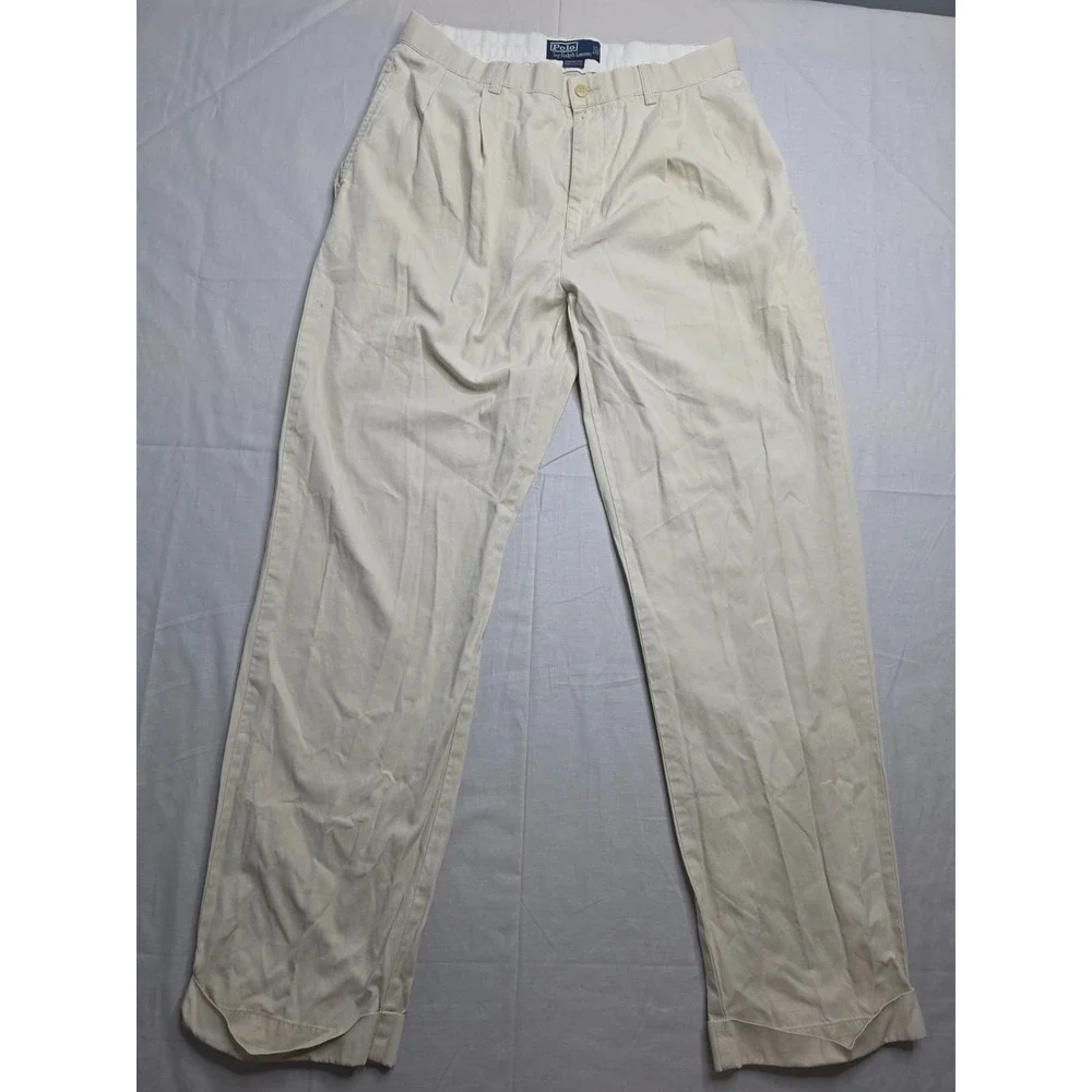 Polo Ralph Lauren Hammond Pants Men 32 Beige 100% Cotton Straight Leg Cuffed Hem
